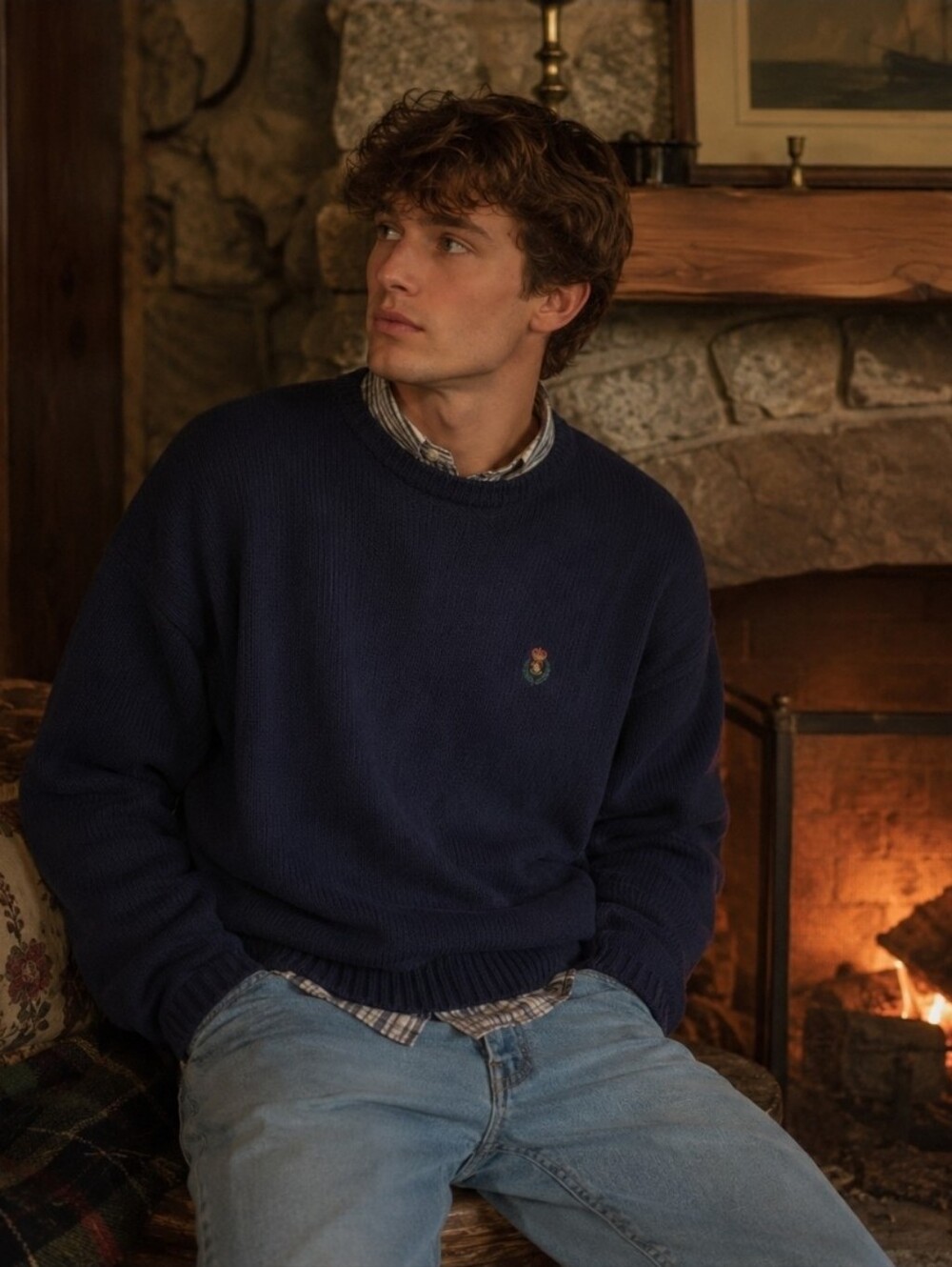 Chaps By Ralph Lauren Navy Knit Preppy Crewneck Sweater & Embroidered Crest XL